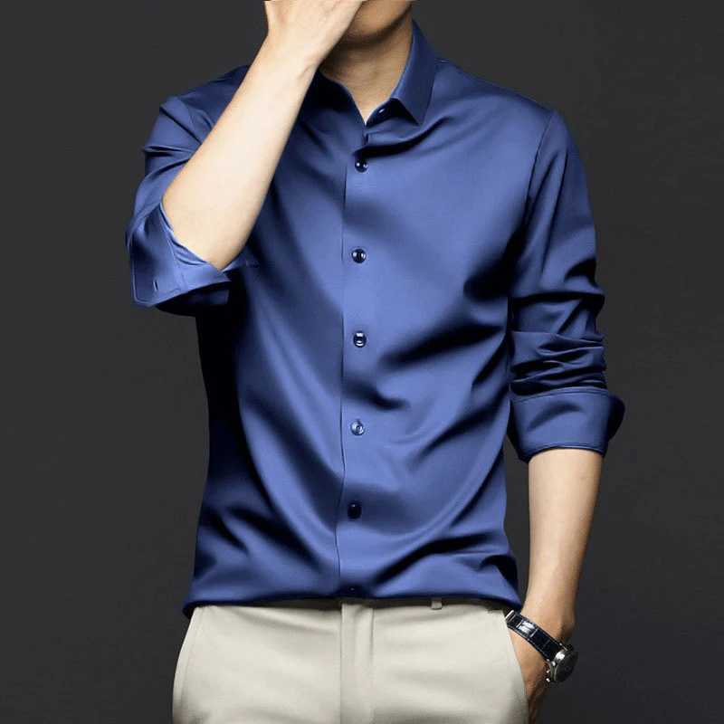 2023 New High Quality Luxury Elegant Mens Shirt Social Long Sleeve Solid Slimming Casual Business Silk Shirt W250102 - view 4