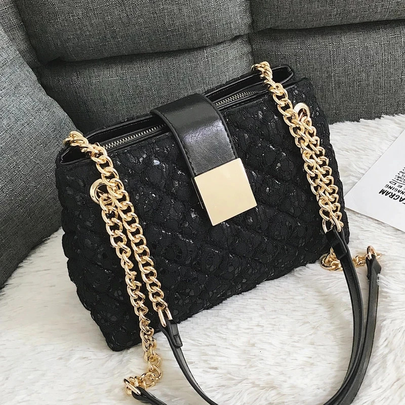 Lace Handbag Dia Pattern Chain Shoulder Bag For Women's Totes Pu Leather Ladies Crossbody Bags Bolsa Feminina Black