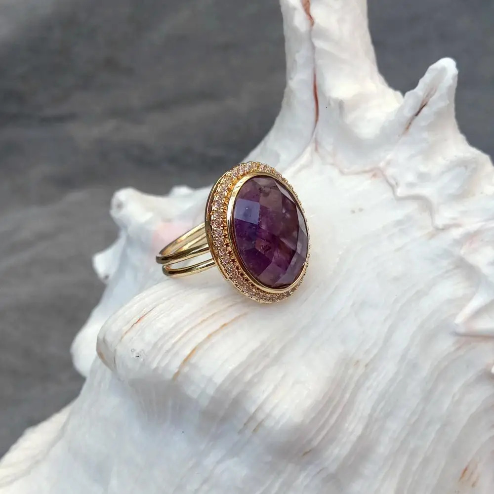 KKGEM 14x18mm Natural Oval Amethyst Water Diamond Laying Finger Ring Adjustable Anniversary Commemorative Ring 250102