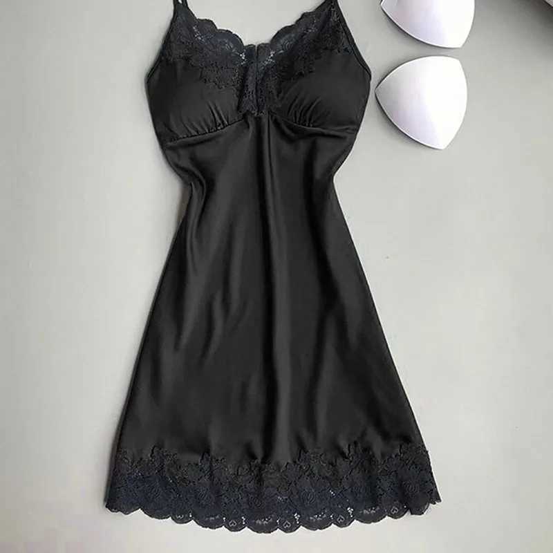 Womens sexy lingerie summer silk evening dress lace patch work mini evening dress spaghetti strap sleepwear womens strap chest pad W250103