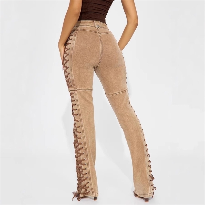 Women Jeans 2025 INS New Fashion Strap Drawstring Hot Girl Jeans Pants 2 Colours