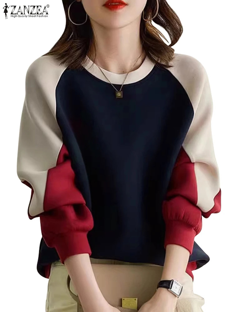 ZANZEA Stylish Autumn Sweatshirts Woman Long Sleeve Patchwork Pullovers Elegant Work Blouse Fashion Hoodies Streetwear 250103