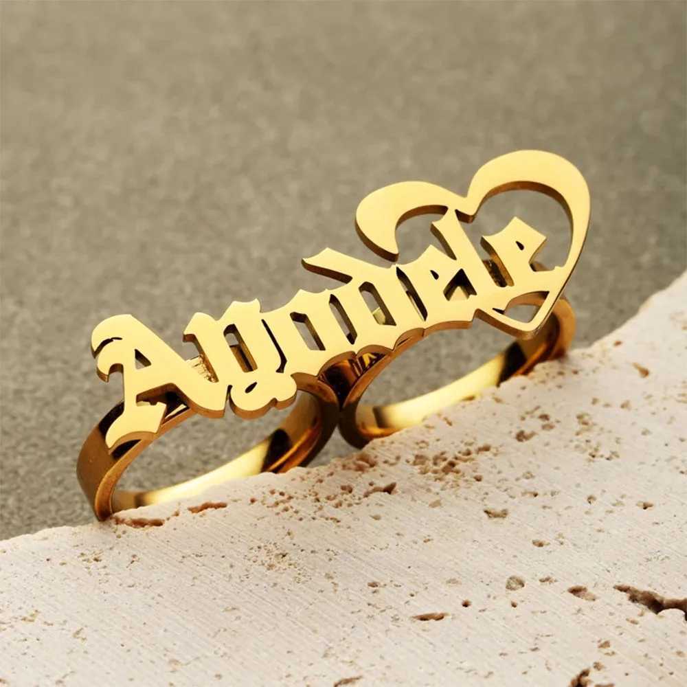 New stainless steel name ring personalized large two finger ring for women fashionable gold double finger ring for knuckles mens couple gift W250102