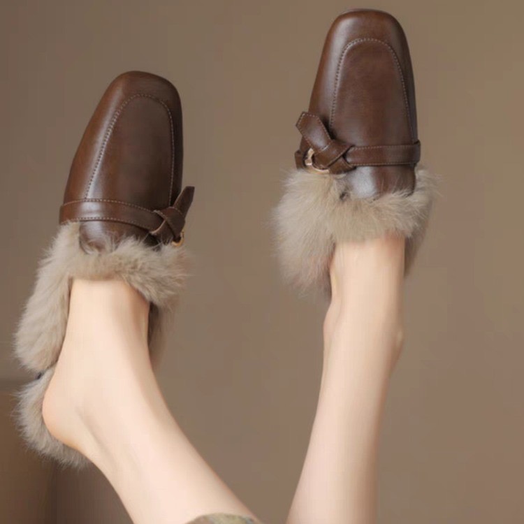 fur slippers women New metal decoration mules winter plush shoes woman cotton pantuflas cover toe furry slides ry