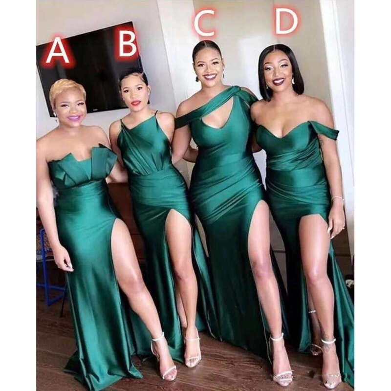 Hunter Green Different Necke Sexy Sleeveless Satin Evening Dresses Ruched High Side Split Long Prom Dress Sweep Strain Robe De Soiree