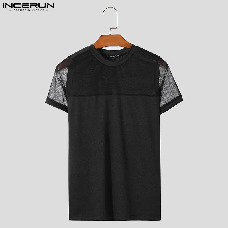 INCERUN Tops 2024 American Style Fashion Men Mesh Splicing Solid T-shirts Casual Streetwear O-neck Short Sleeved Camiseta S-5XL 250102