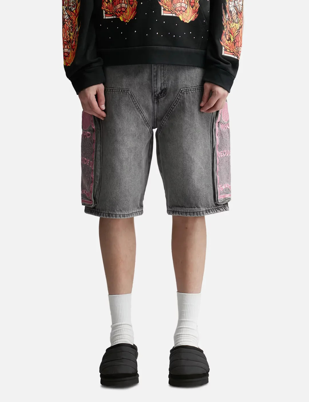 American retro angel side pocket denim shorts summer y2k trendy loose street hip-hop basketball denim shorts 241230