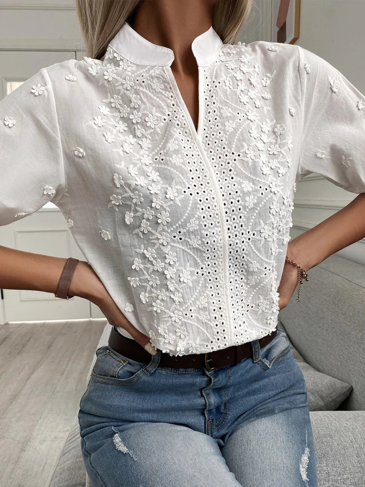 Summer floral embroidery lace shirt fashionable womens V-neck casual shirt chic short sleeved hollow top elegant blue 24350 250102