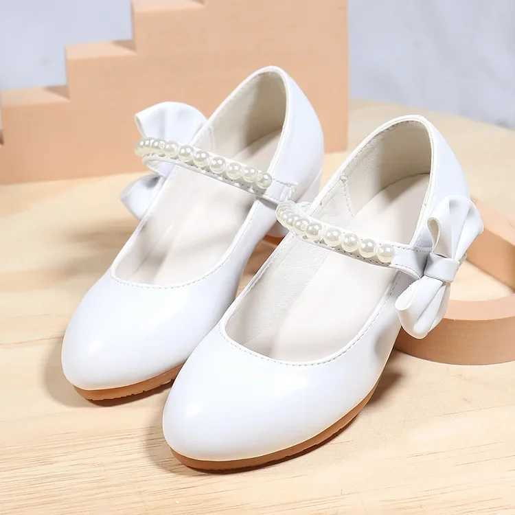 Childrens shoes pearl white girl leather shoes white bow spring and autumn childrens high heels princess performance shoes M250103