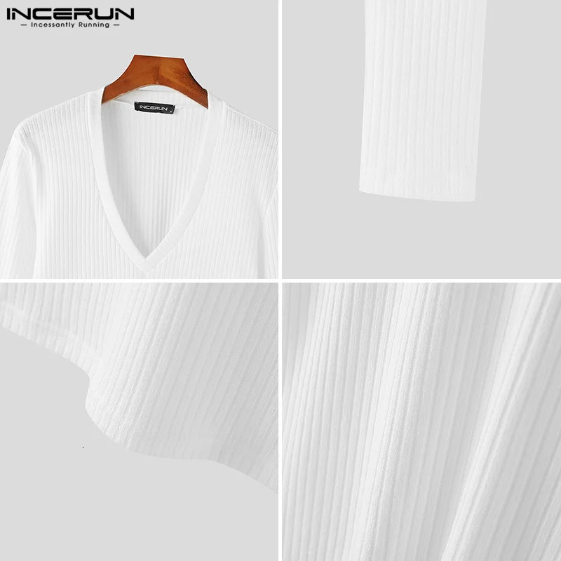 INCERUN Tops 2024 Korean Style Men Solid V-neck Knitted T-shirts Summer Casual Streetwear Simple Long Sleeved Camiseta S-5XL 250102