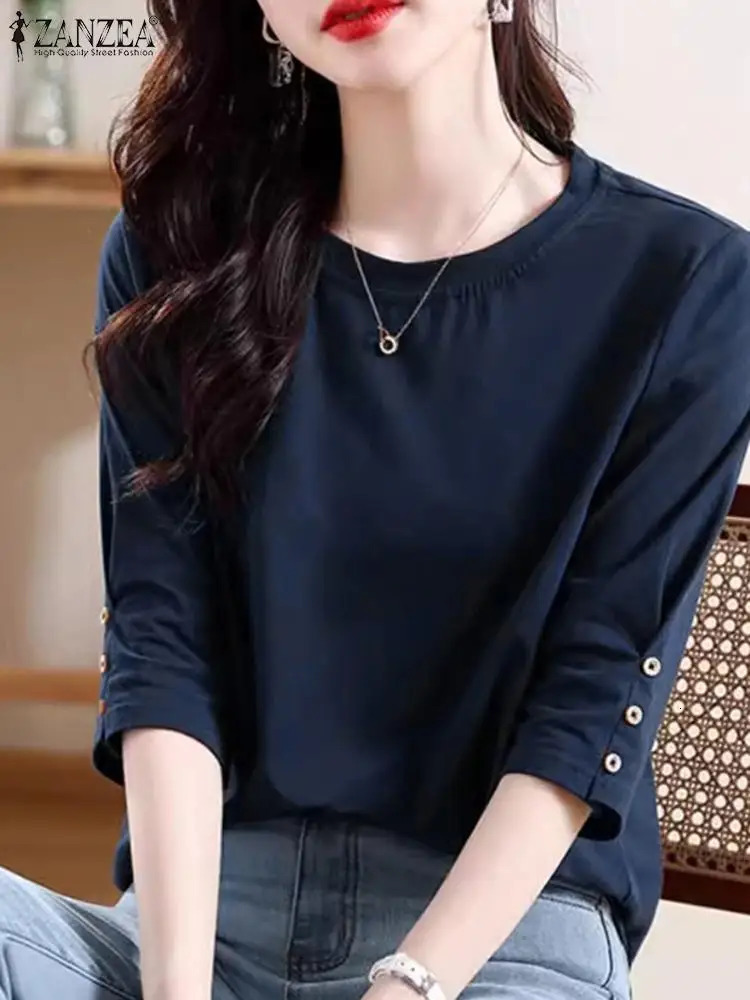 ZANZEA Womens Half Sleeve Button Up Shirt Summer Solid Round Neck Blue Elegant Office Womens Tuned Casual Basic Top 250102