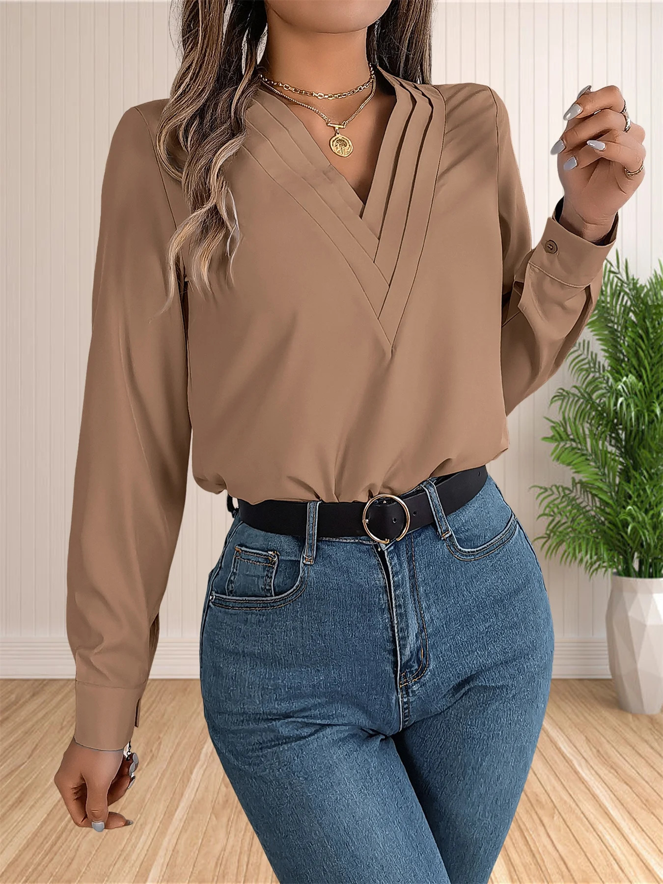 Womens elegant business office shirt layered V-neck long sleeved dress work top 250102
