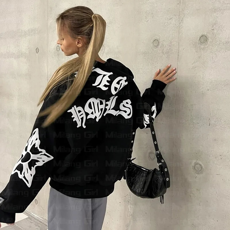 Zip Hoodie Snowflake Letter Print goth Punk Sweatshirt Women hoodies Sport Coat Pullover Long Sleeve Oversized hoodie Y2k jacket 241224