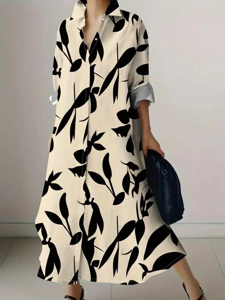 Fresh Autumn And Winter Flower Print Lapel Long Blouse Long Skirt 2024 Harajuku Street Temperament Long-sleeved Dress