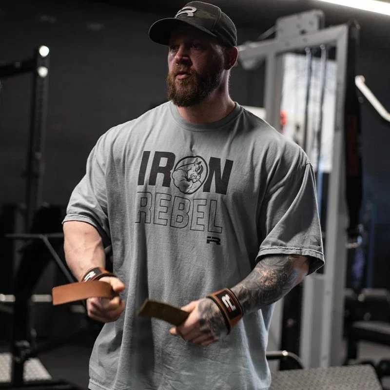 Gym Fitness T-shirt Summer New Loose Large Men Short Sleeve IR Rhino Muscular Tee Fitness Joggers Cotton Crew Neck T Shirt TopsXJ240102