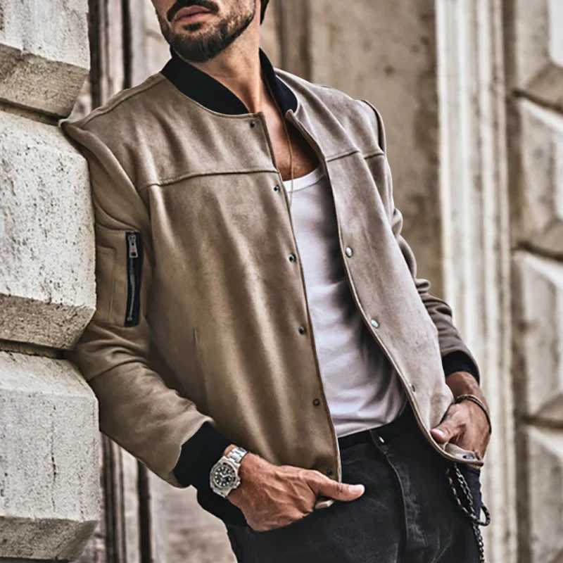 Mens suede jacket with stand up collar button up cardigan American jacket casual fashion spring and autumn W250103