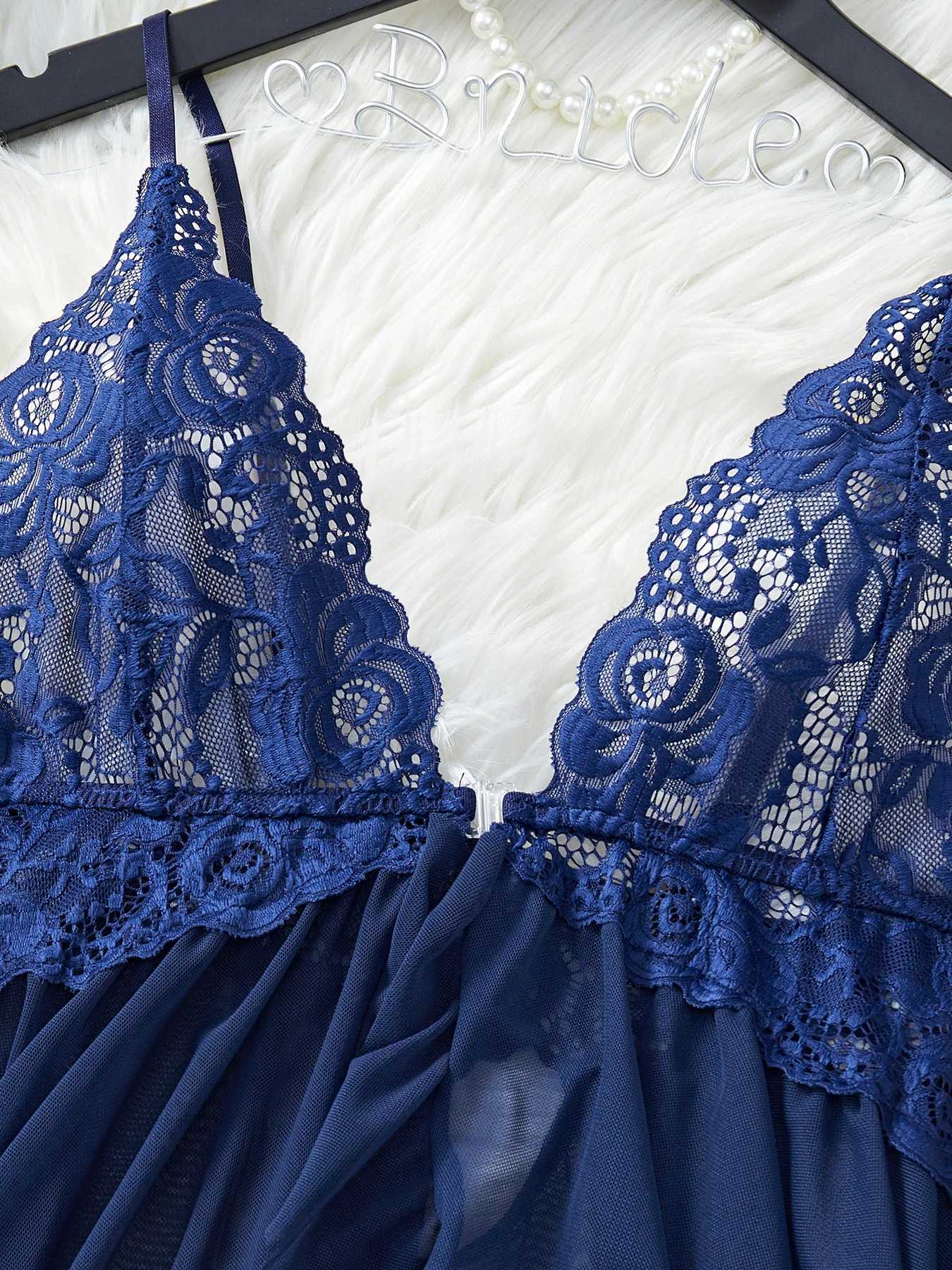Erotic Blue Strap Nightgown thong set lingerie transparent lace womens mini deep V-dress tight fitting sexy lingerie sex clothing W250103