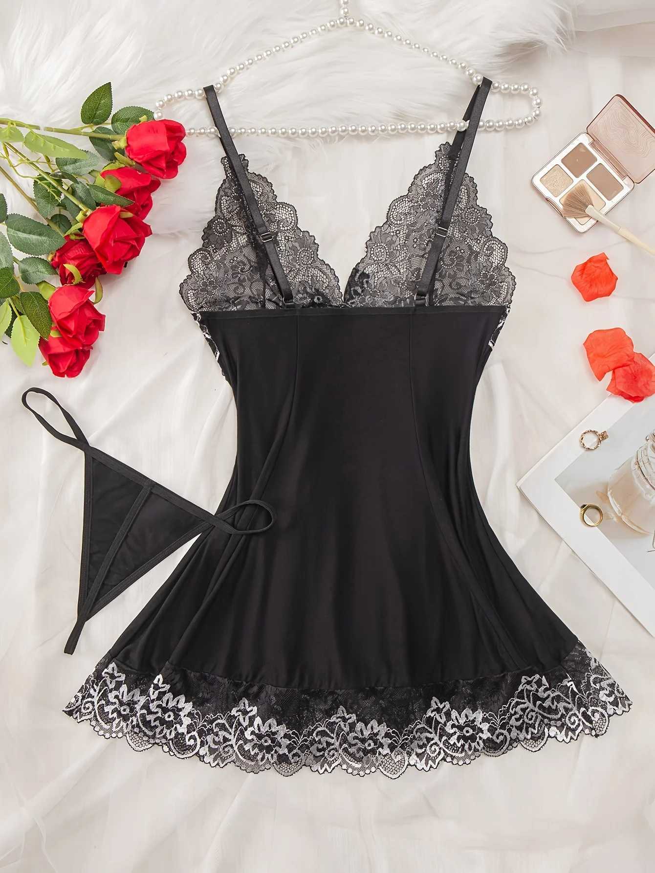 Sexy Womens Slip Fashion Design Evening Dress Lace Splicing Work Comfortable Slip Dress+thong Womens Sexy Sleeveless V-neck Evening Dress W250103