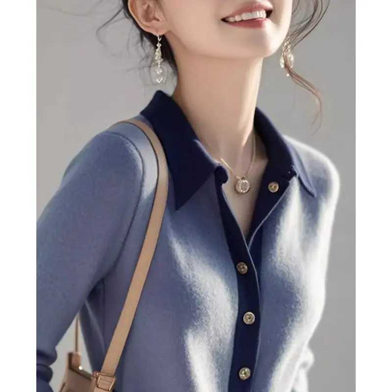 Polo collar knitted cardigan womens autumn and winter simple office womens solid color sweater trend fully matched knitted top M250102