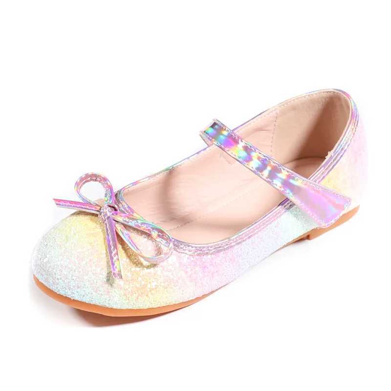 Princess Wedding Shoes Autumn New Rainbow Bow Childrens Soft Sole Leather Shoes Sparkling Girls Dance Party Shoes Childrens Apartment M250103