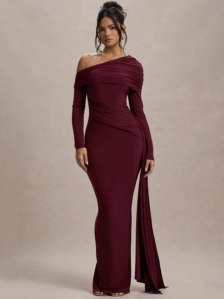 Mozision Skew Collar Long Sleeve Sexy Maxi Dress For Women Gown Fashion Backless Draped Ruched Bodycon Club Elegant 250102