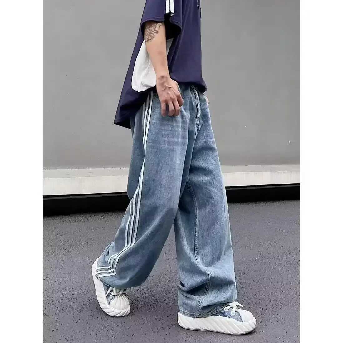 Retro striped jeans mens loose fitting straight leg sports pants high street Vibe fashionable casual bell bottom W250103