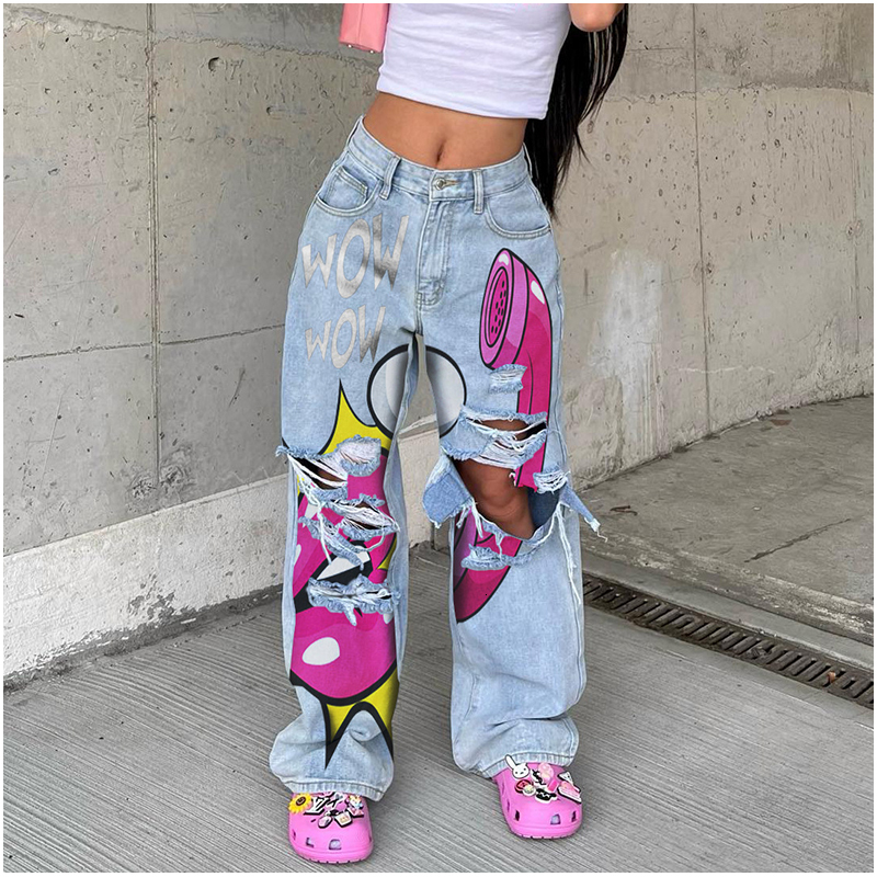 Women's Long High Waist Ripped Printing Thick Edge European And American Wide-Leg Pants Trend Y2k Personalized Jeans