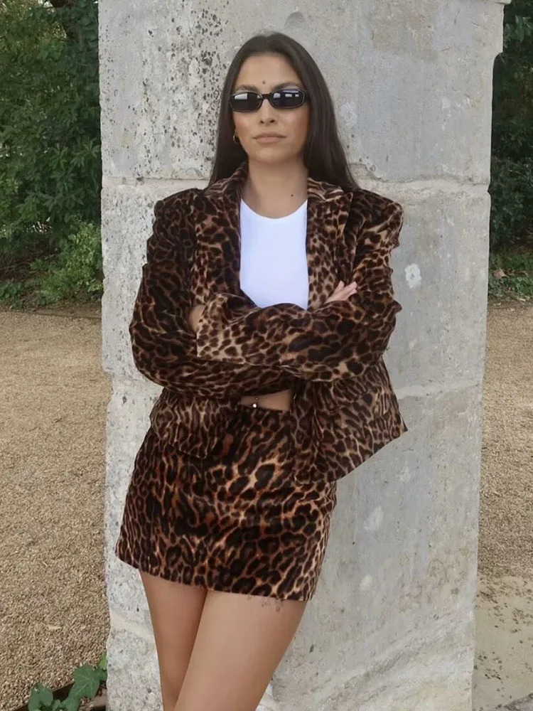 TRAF Autumn Women Leopard Print Velvet Blazer Skirt Suit Fashion Notched Pockets Cropped Jackets Side Zipper Mini Skirt250102