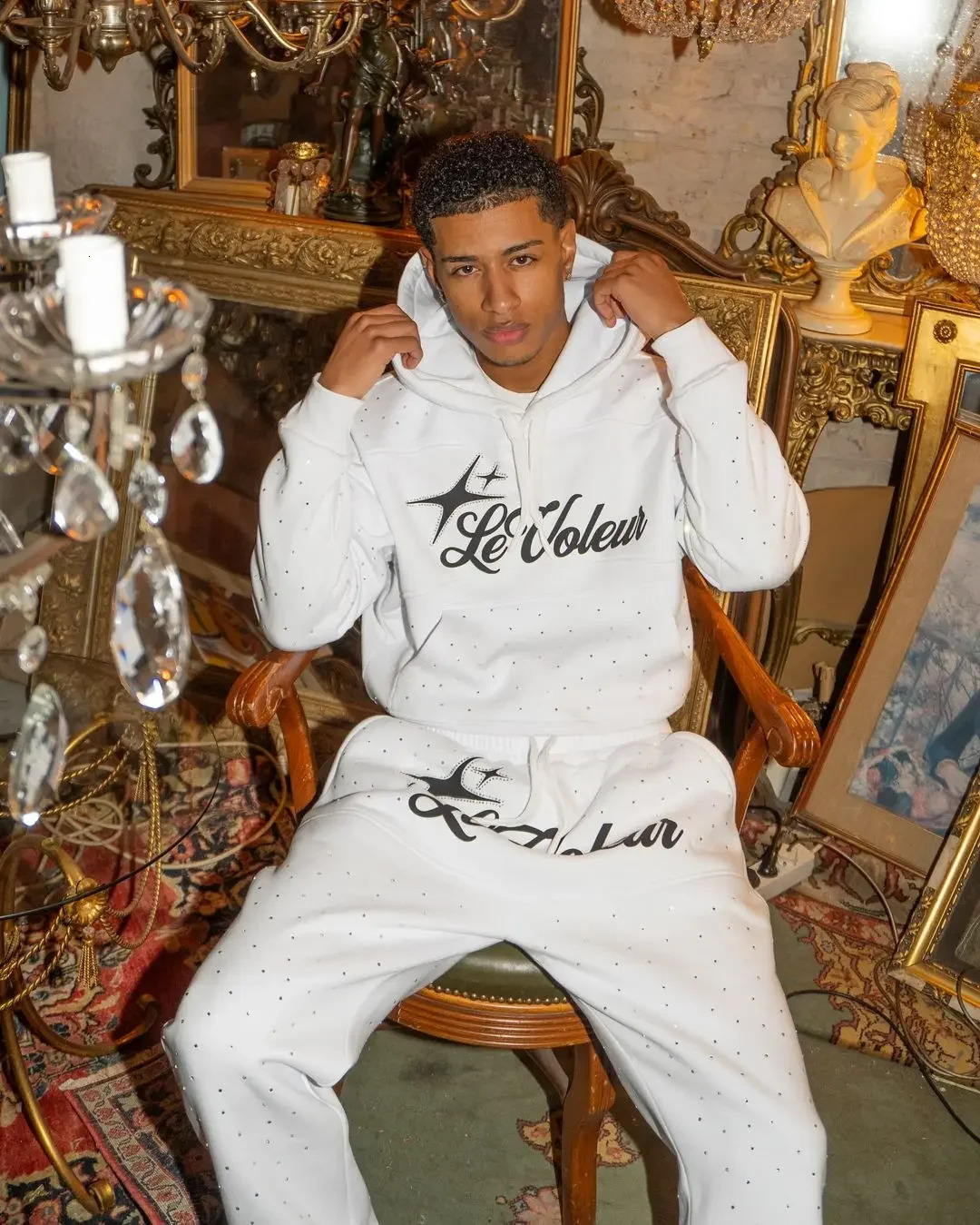Diamond glitter hooded sweatshirt two-piece set Y2K mens hip-hop Xinchao Dalian hooded sweatshirt casual pants set 250102