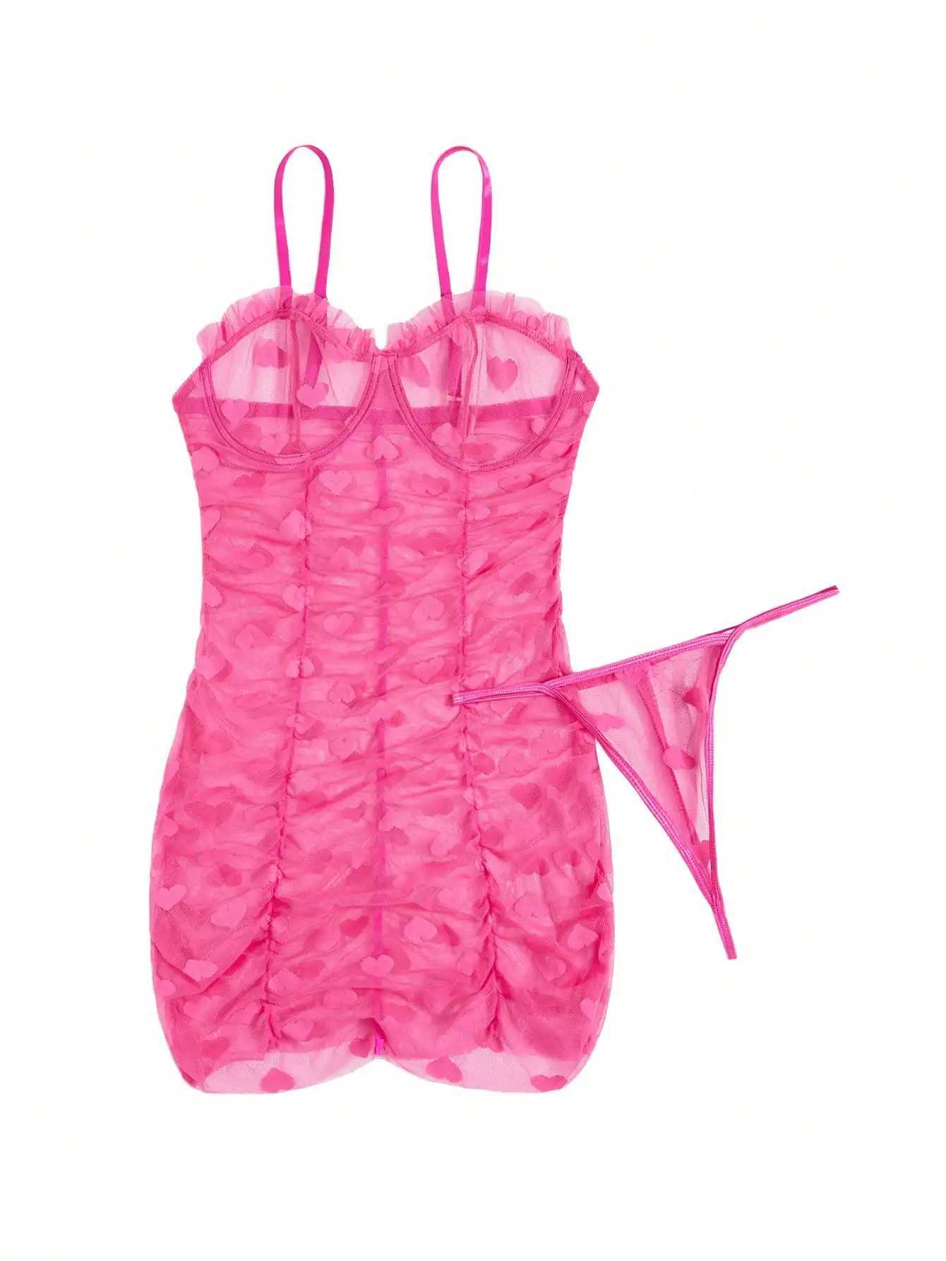 Heart shaped mesh pleated hem decoration sexy lingerie thong womens lace mesh patch work pendant collar Babydoll lingerie W250103