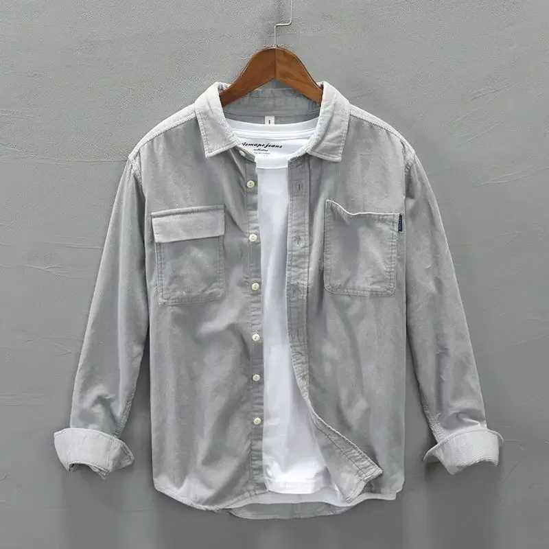 Korean retro Corduroy shirt mens cargo jacket casual spring long sleeved loose casual shirt jacket Y2k fashionable mens clothing W250102