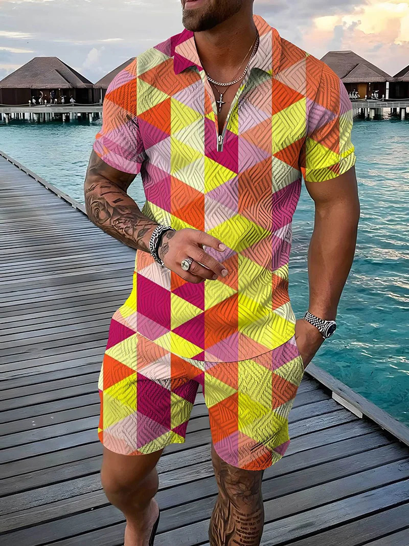 Summer Fashion Mens Sweatsuit set Colored Patches 3D Print Casual Zipper Polo Shirt Shorts 2pcs Sets Oversized Tracksuit Sets 250102