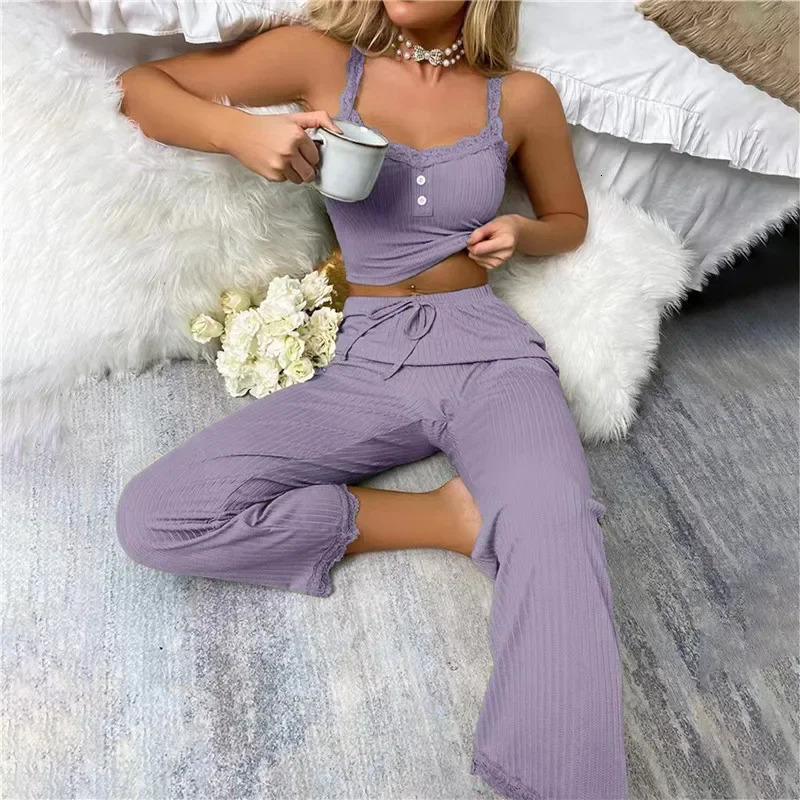 Sexy Casual Womens Pajamas Set Summer Lace Suspenders Long Trousers Two Piece Lounge Sleepwear 250103