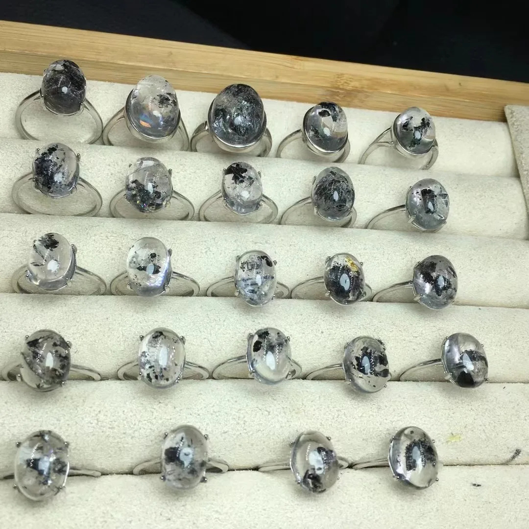 1 piece of Fengbaowu natural Herkimer diamond ring oval Cabochon 925 sterling silver crystal therapeutic stone jewelry 250102