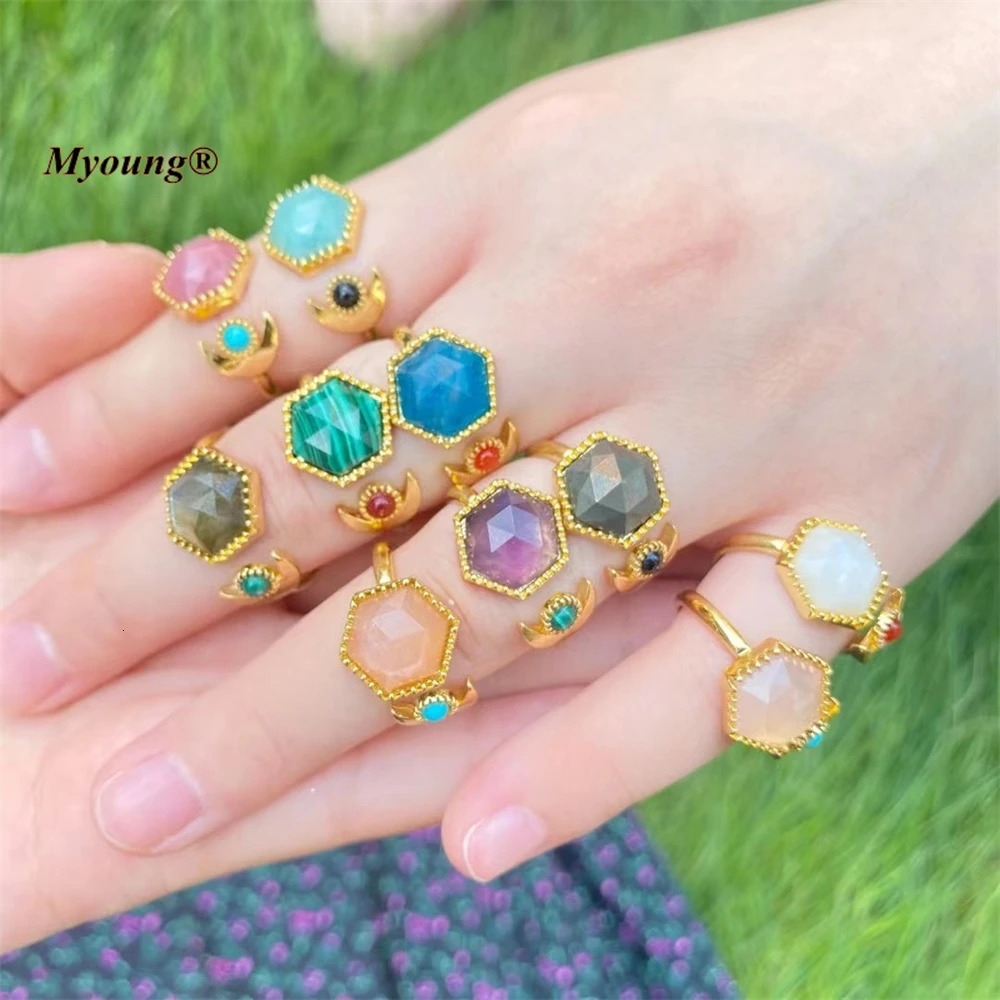 10 Exquisite Hexagonal Natural Gemstone Labrador Amethyst Adjustable Gold Rings for Women MY220825 250102
