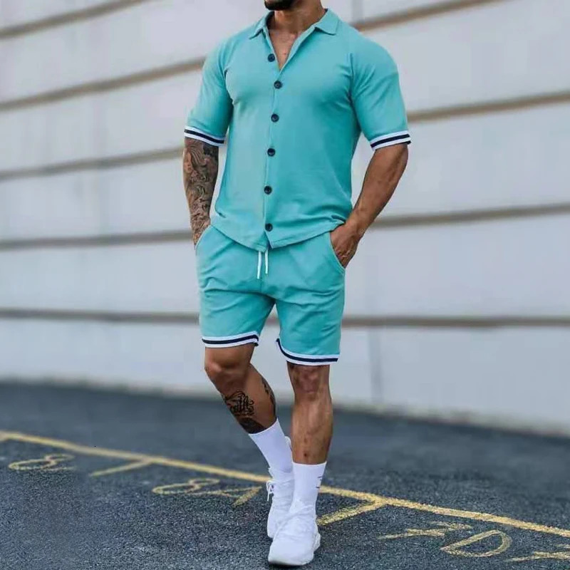 Mens Summer Polo Cardigan Solid Short Sleeve Shorts Two Piece Casual Set 250102