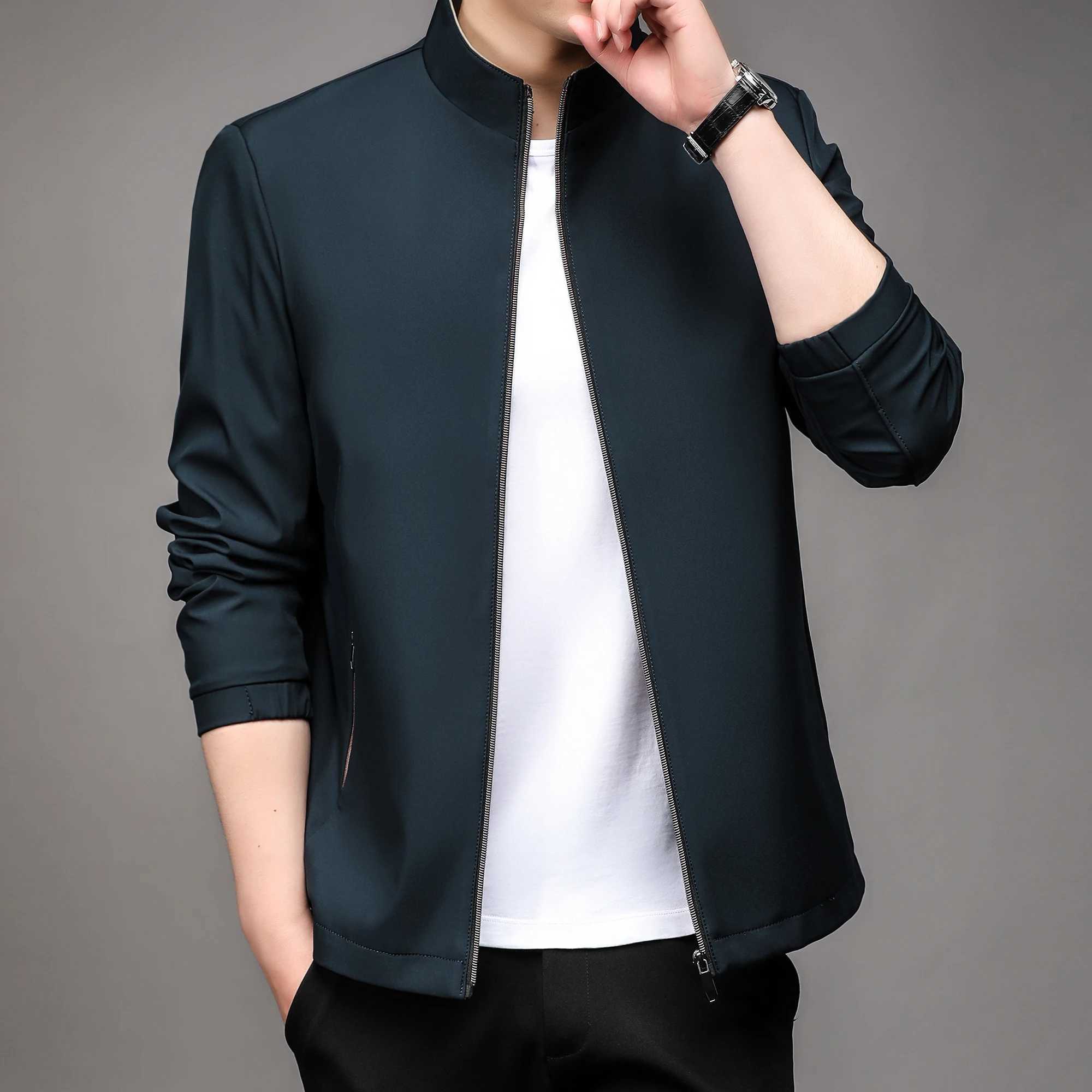 High quality handsome guy 2024 spring/summer mens business casual jacket solid color fashion no trace stand collar M-4XL W250103