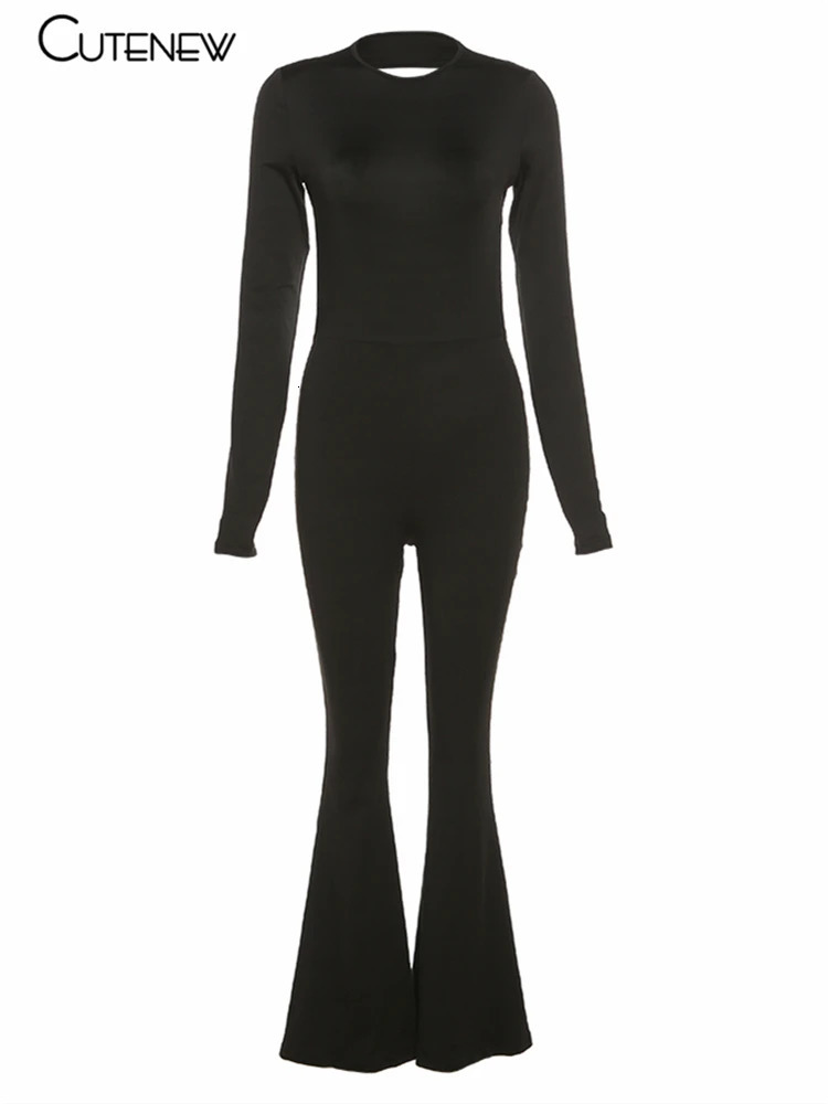 Cute Solid Black Sexy Backless Bodycon Wide Leg Jumpsuit Women Autumn Casual Slim Long Sleeve ONeck Playsuit Lady Streetwear 250103