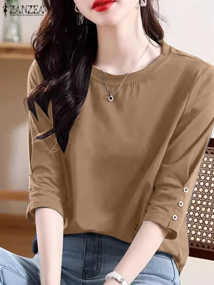 ZANZEA Womens Half Sleeve Button Up Shirt Summer Solid Round Neck Blue Elegant Office Womens Tuned Casual Basic Top 250102
