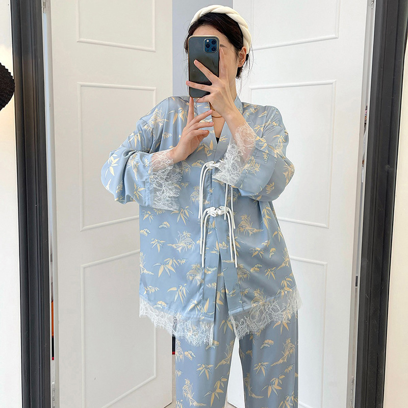 Spring Summer Chinese Style Silk Pamas Cool V Neck Light Blue High-grade Homewear Lace Trim Youth Lady's Loungewear Set