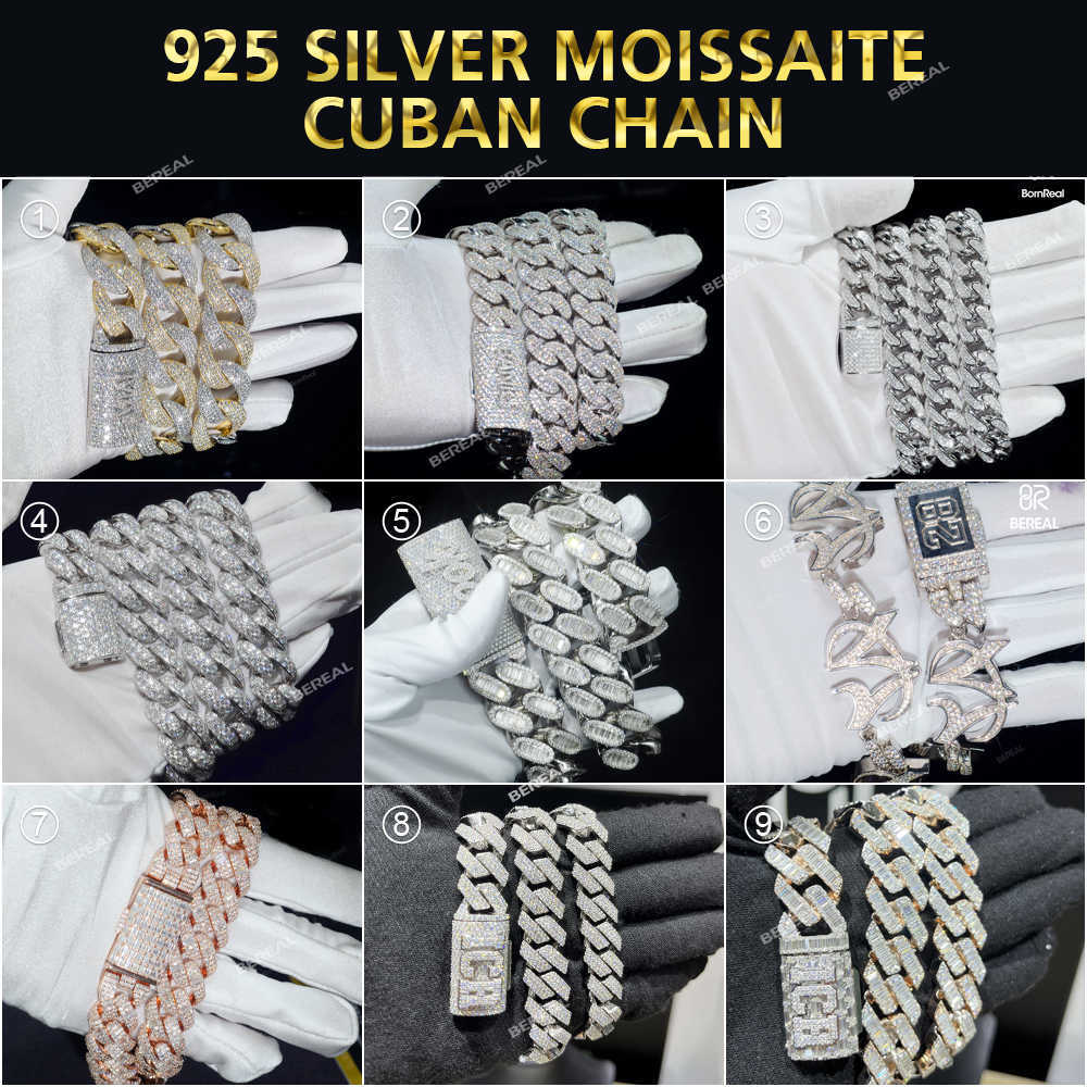 Iced Out Baguette Moissanite Cuban Link Bracelet Chain Men Custom Hip Hop Style 925 Silver VVS Diamonds Necklace Fine Jewelry
