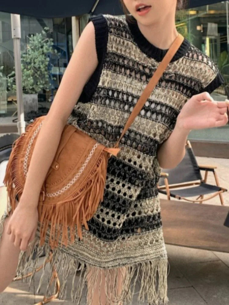 Summer Chic Hollow Out Sweet Tassels Female Mini Dresses Classic Striped Contrast Color Fashion Knitted Casual Women Dresses 250102