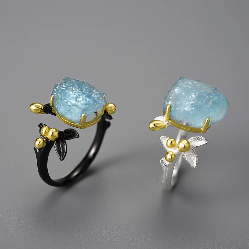 Lotus Fun 18K gold natural aquamarine gemstone womens adjustable flower ring genuine 925 sterling silver exquisite jewelry 250102