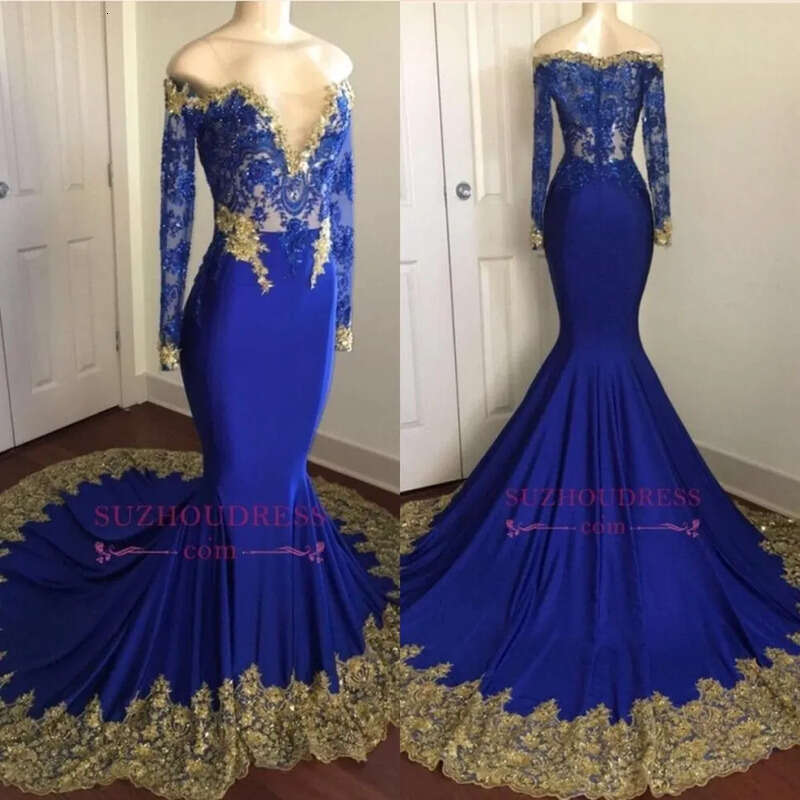 Shoulder Off Royal Blue Prom Dresses Sexy Sleeves Lace Appliqued Mermaid Evening Gown Long Formal Party Bridesmaid Dress Ba 0107