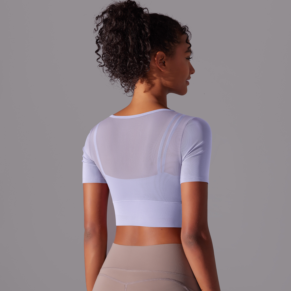 Solid Color Short Sleeve Sexy Double Layer Tank Spliced Mesh Yoga Clothing Top Fiess Running Sports Bra Women