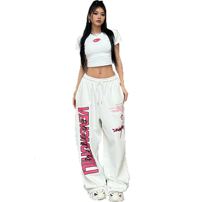 Y2K streetwear white track pants womens Harajuku hippie wide leg sports pants oversized fast drying printing runners Trouser 250102