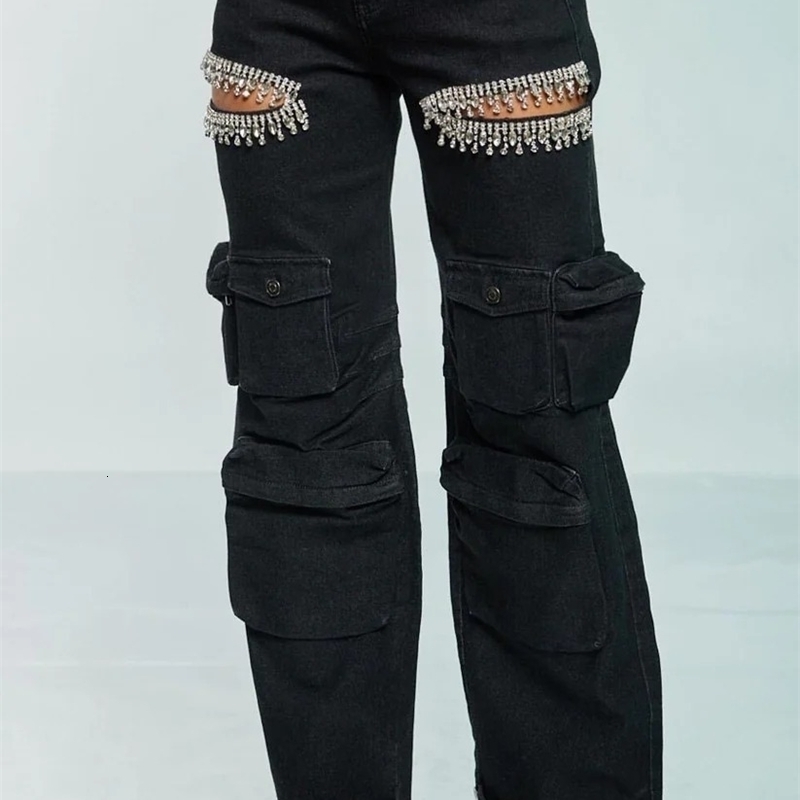 Women Jeans Designer 2025 New Hollowed Out Diamond Embellished Work Pants With Multiple Pockets And Elastic Jeans 4 Colours