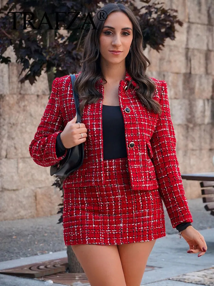 TRAFZA Women Red Skirt Suit Texture Single Breasted Pocket Knit Lapel Jacket CoatElegant High Waist Side Zipper Culottes Street250102