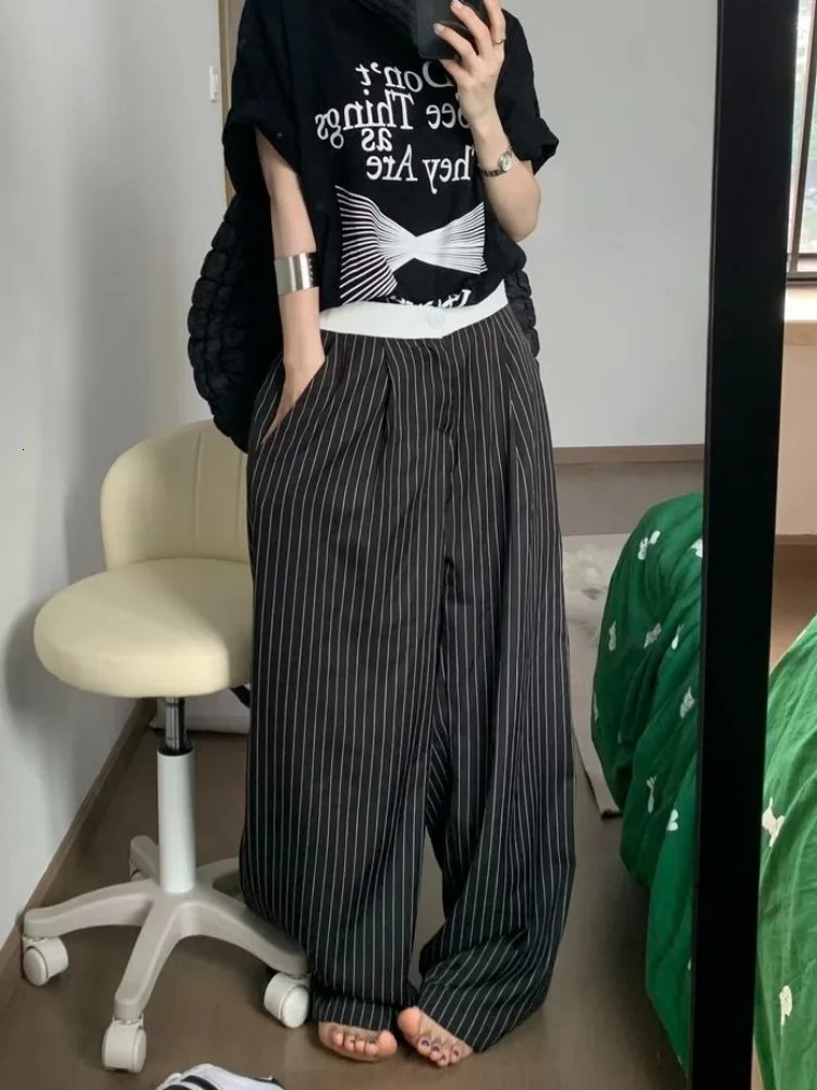 HOUZHOU Black Stripe Set Womens Bag Y2K Retro Korean Trouser Oversized Harajuku Fashion Office Womens Muffin 250102