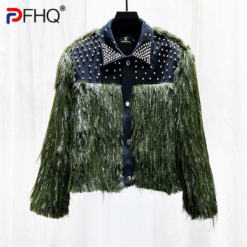 PFHQ Autumn Winter Men Jacket Dia Studded Tassel Plush Light Turn-Down Collar Male Tops Fashion 21Z7554